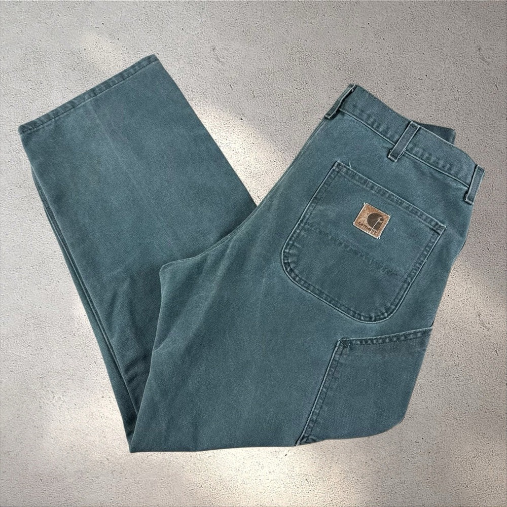 Vtg 90s Carhartt B12 HTG Hunter Green/Turquoise Dungaree Work Pant Fits 34x30
